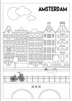 DesignClaud Amsterdam - Grachten - Fiets - Gevels - Amsterdam poster - Zwart wit poster A4 + Fotolijst wit