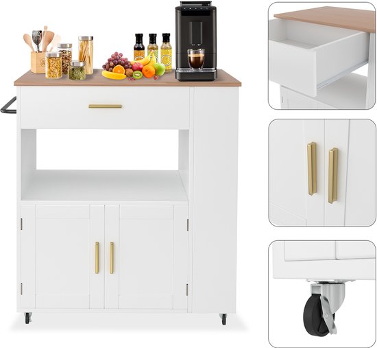 Desserte de cuisine sur roulettes, desserte de service, îlot de cuisine, bois, desserte de cuisine avec plan de travail, étagères à épices et porte-serviettes, meuble de cuisine, blanc, type B avec étagère à épices, 93 x 75 x 46 cm