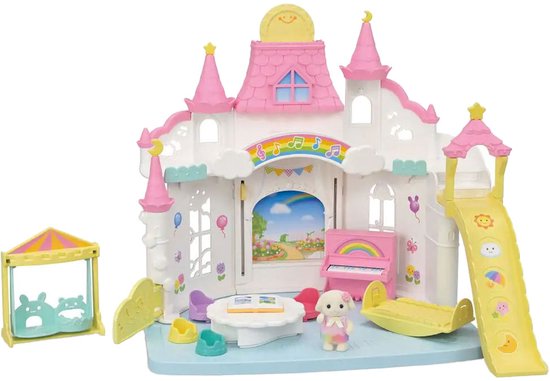 Sylvanian Families 5743 Zonnig Kinderopvang Kasteel- inclusief 1 fluweelzachte bloemen hangoor konijn baby