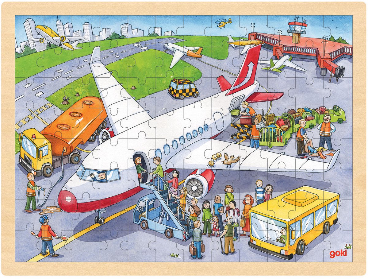 Goki legpuzzel Op De Vlieghaven junior hout 96 stukjes