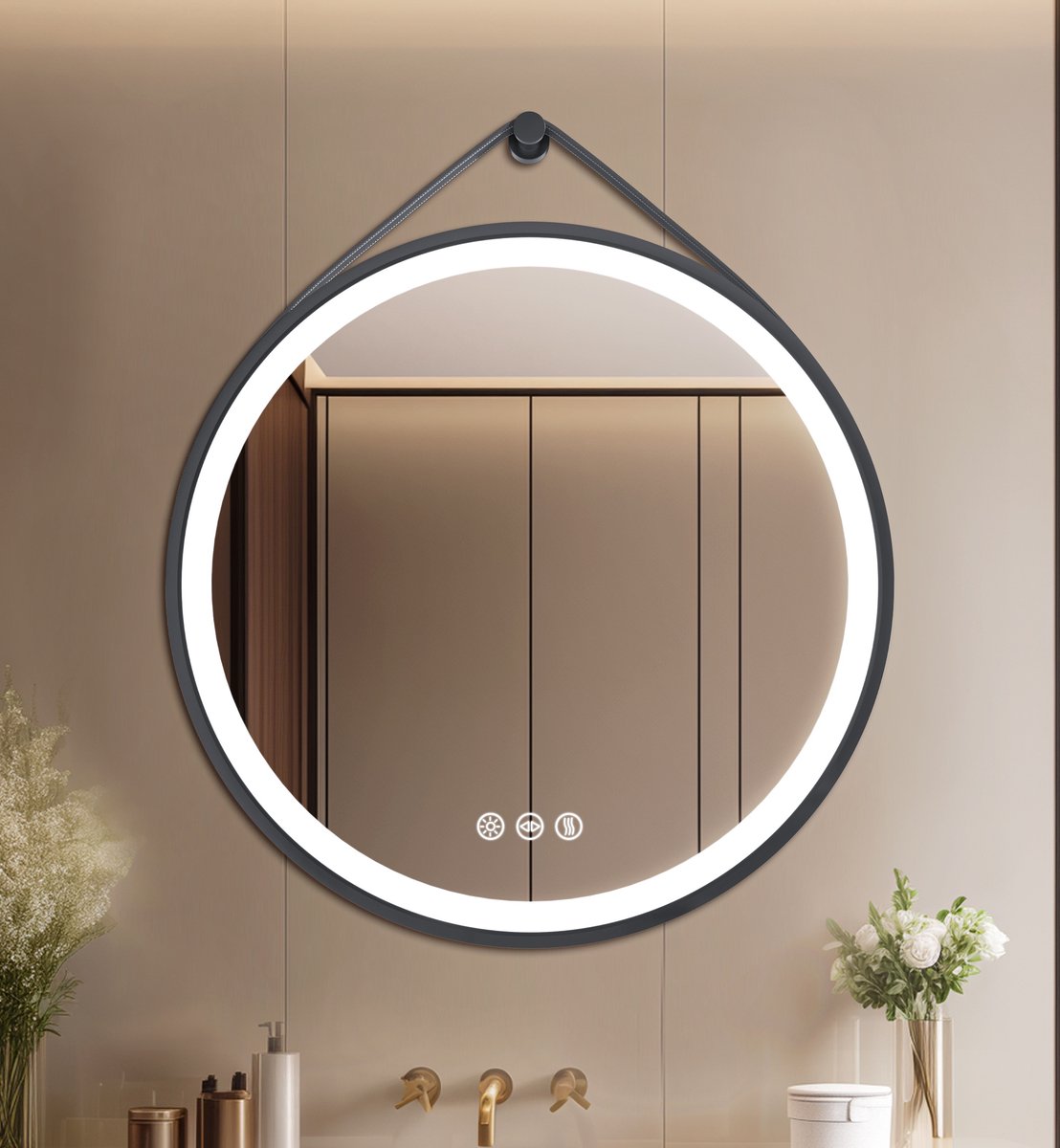 LUVODI LED badkamerspiegel 80cm rond - wandspiegel met zwarte lijst - dimbare 3-kleuren verlichting - anti-condens - geheugenfunctie - slimme aanraaksensor
