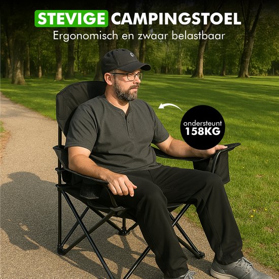 Travelhawk Campingstoel XL - Opvouwbaar - Comfortabele Vouwstoel - 158 kg draagvermogen - Drankhouder - Koelvak - Visstoel - Klapstoel - Zwart van Travelhawk — afbeelding 3