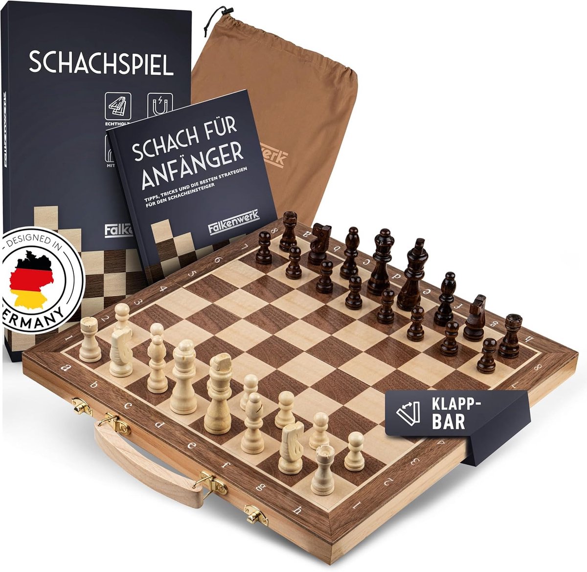 Handgemaakt Magnetisch Houten Schaakspel 38 x 38 cm – Inklapbaar met Draaggreep en Handleiding voor Beginners