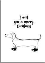 DesignClaud Kerstposter I woof you a merry Christmas - kerstdecoratie - Zwart wit A4 + Fotolijst wit