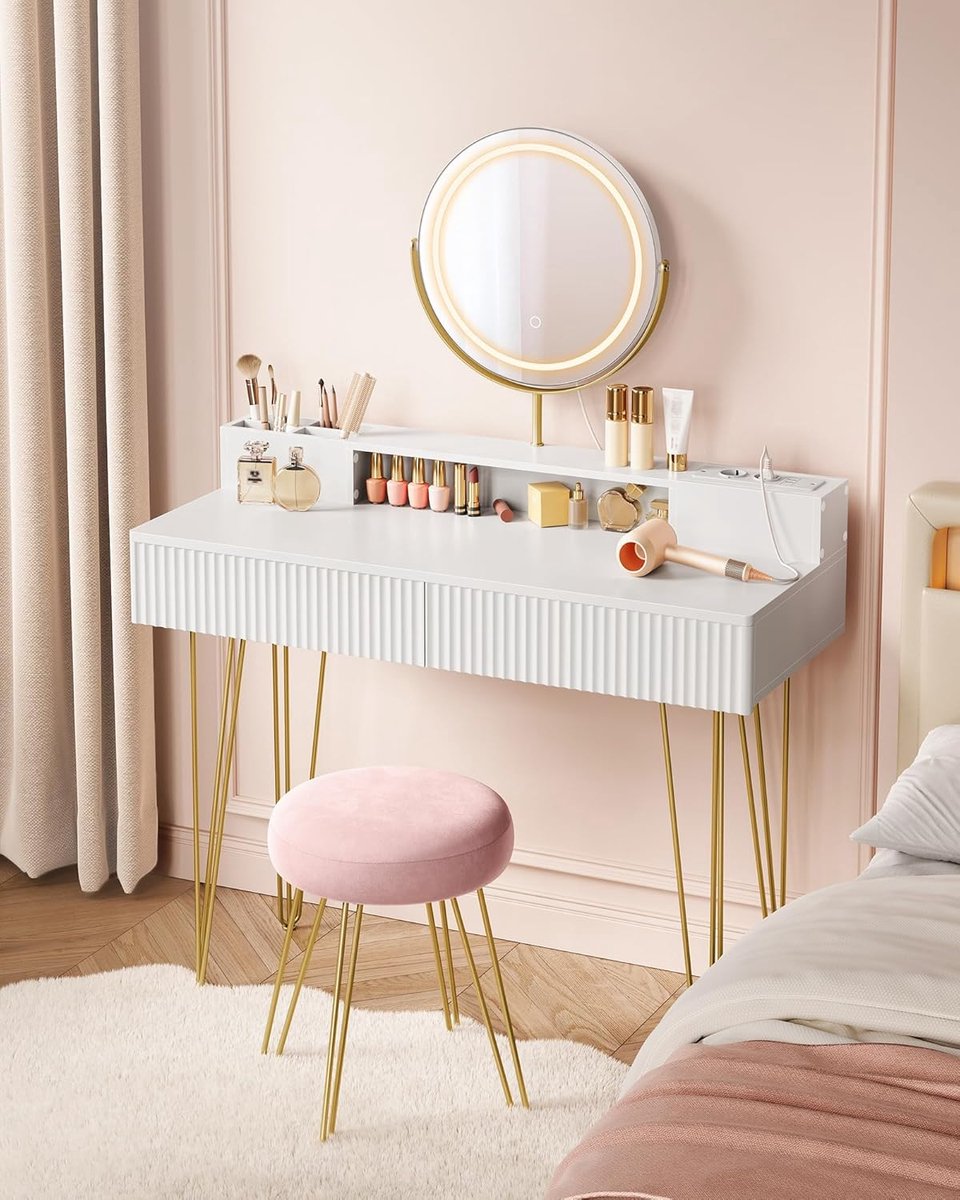 VASAGLE kaptafel met kruk en verlichting, stekkerdoos, spiegel, kaptafel, 40 x 100 x 134,8 cm, cosmeticatafel met laden, gevoerde kruk, mat wit-bleekgoud