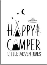 DesignClaud Happy Camper Little Adventures - Kinderkamer poster - Babykamer poster - Decoratie - Zwart wit poster A3 + Fotolijst zwart