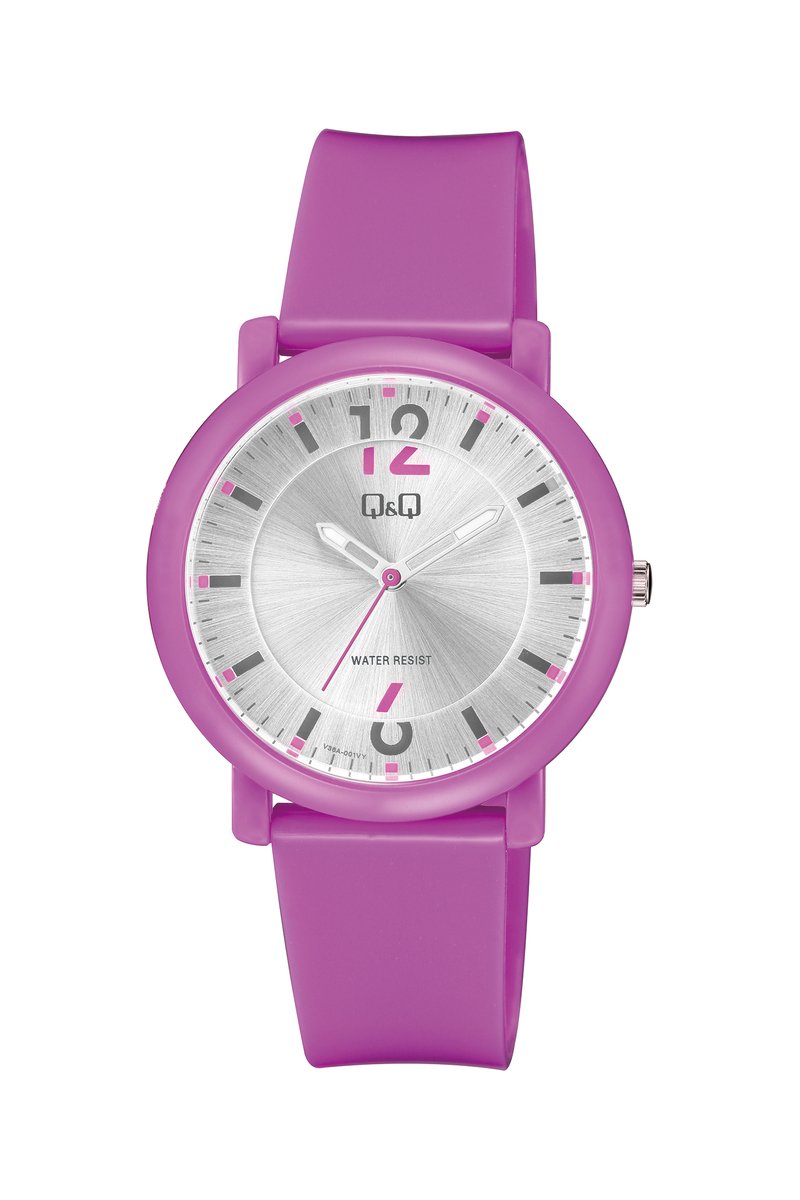QQ V36A-001VY - Horloge - Polshorloge - Analoog - Unisex - Plastic band - Rond - Kunststof - Cijfers - Streepjes - Roze - Zilverkleurig