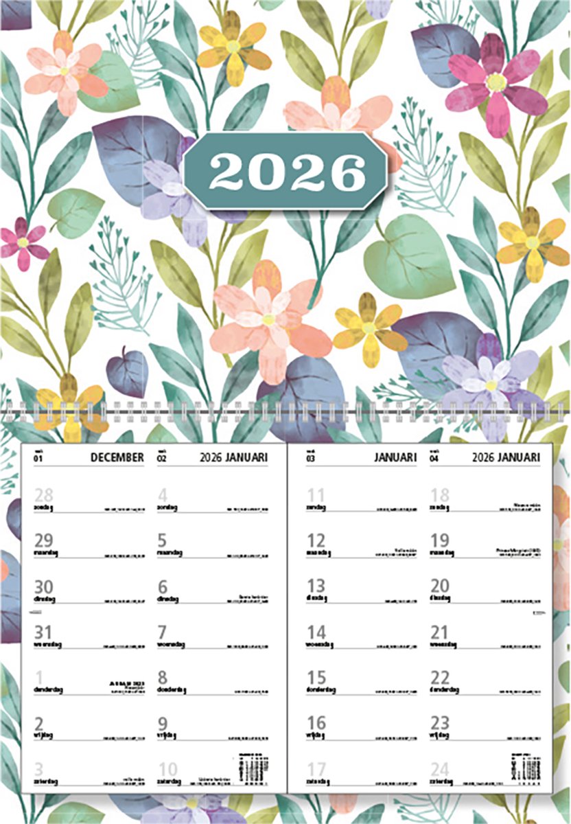 MGPcards - Omleg Maandkalender 2026 - Week begint op zondag - 43 x 34 cm - Bloemen