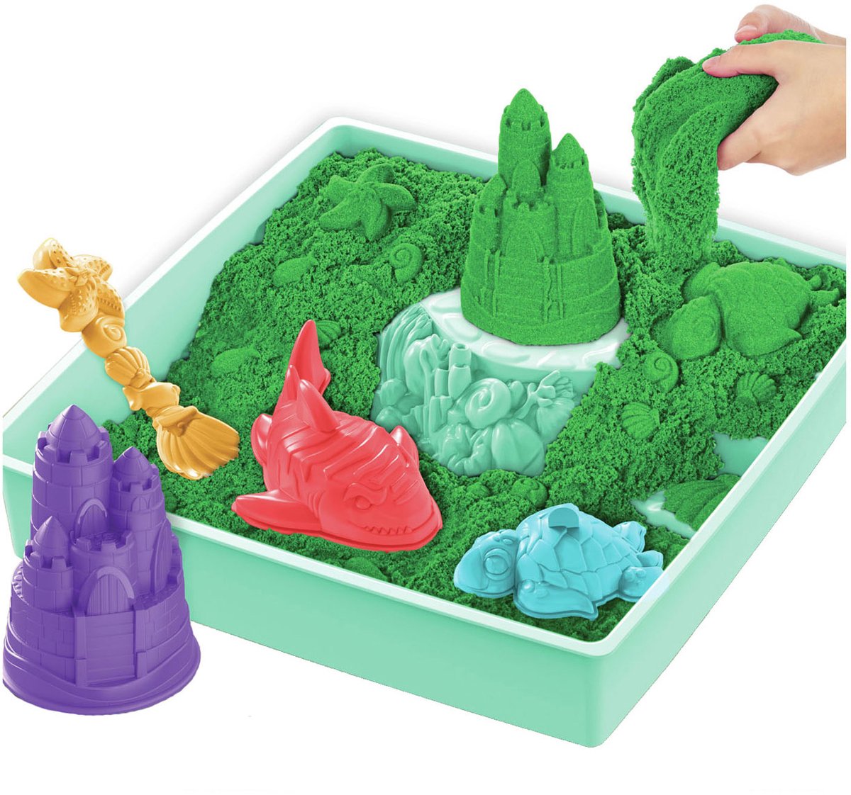 Kinetic Sand - Zandbak-set met 454 g groen origineel Kinetic Sand opbergzandbak 4 vormen en gereedschap - Sensorisch speelgoed — afbeelding 8