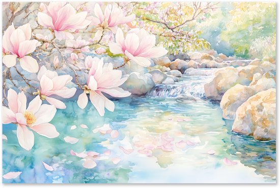 Graphic Message - Peinture sur toile - Aquarelle Paysage fluvial avec Magnolia - Fleurs - Rivière - Décoration murale salon - Nature