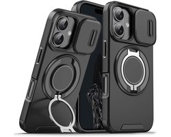 Armor Tough [360° draaibare ringstandaard] [compatibel met Magsafe] Hoesje Geschikt voor: iPhone 16 - Ingebouwde dia camera cover - Hybrid - Zwart