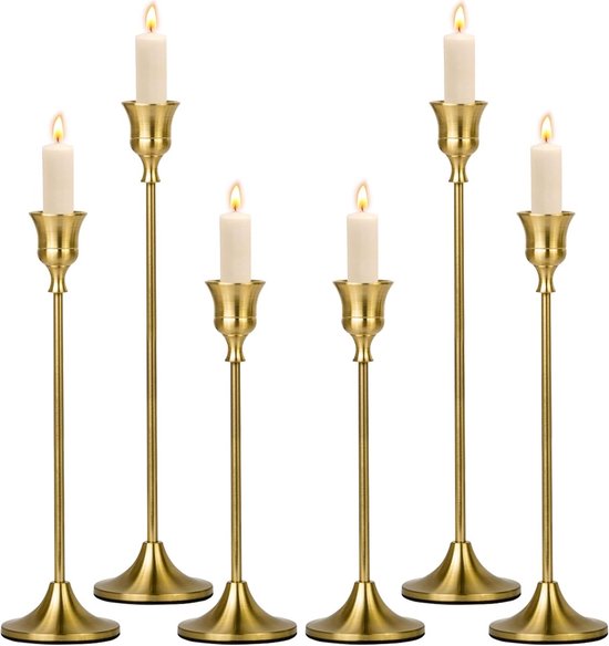 Bougeoir doré - lot de 6 - Goud - bougeoirs en métal - Ensemble de bougeoirs - bougie sur socle - Élégant - décoration de fête - 21 dîners - StylishStekkie - Noël - Halloween - Pasen - Bougies non incluses.