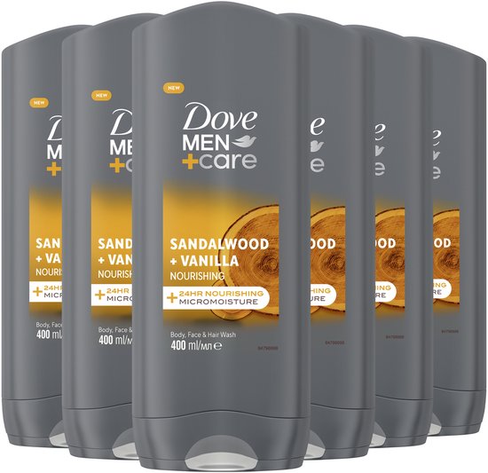 Dove Men+Care 3-in-1 Douchegel - Sandalwood + Vanilla - 6 x 400 ml - Voordeelverpakking