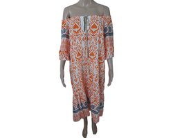 Jurk - Zomerjurk - Dames - Los vallend - Ibiza Style - Off Shoulder - Italiaanse Mode - Kleur Oranje/Wit/Blauw - Goudkleurig Koord - Maat 36 t/m 48 - Koningsdag