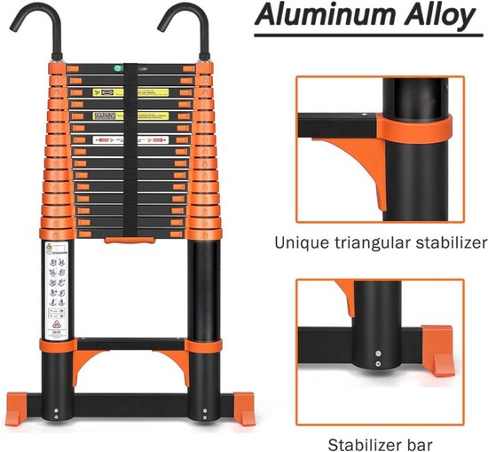 RMBO Telescopische Ladder 4.70m, Compact en Draagbaar, Soft Closing Systeem, Geschikt voor Particulier en Professioneel Gebruik, Telescoopladder, Max. Belast. 150 kg, EN 131.6