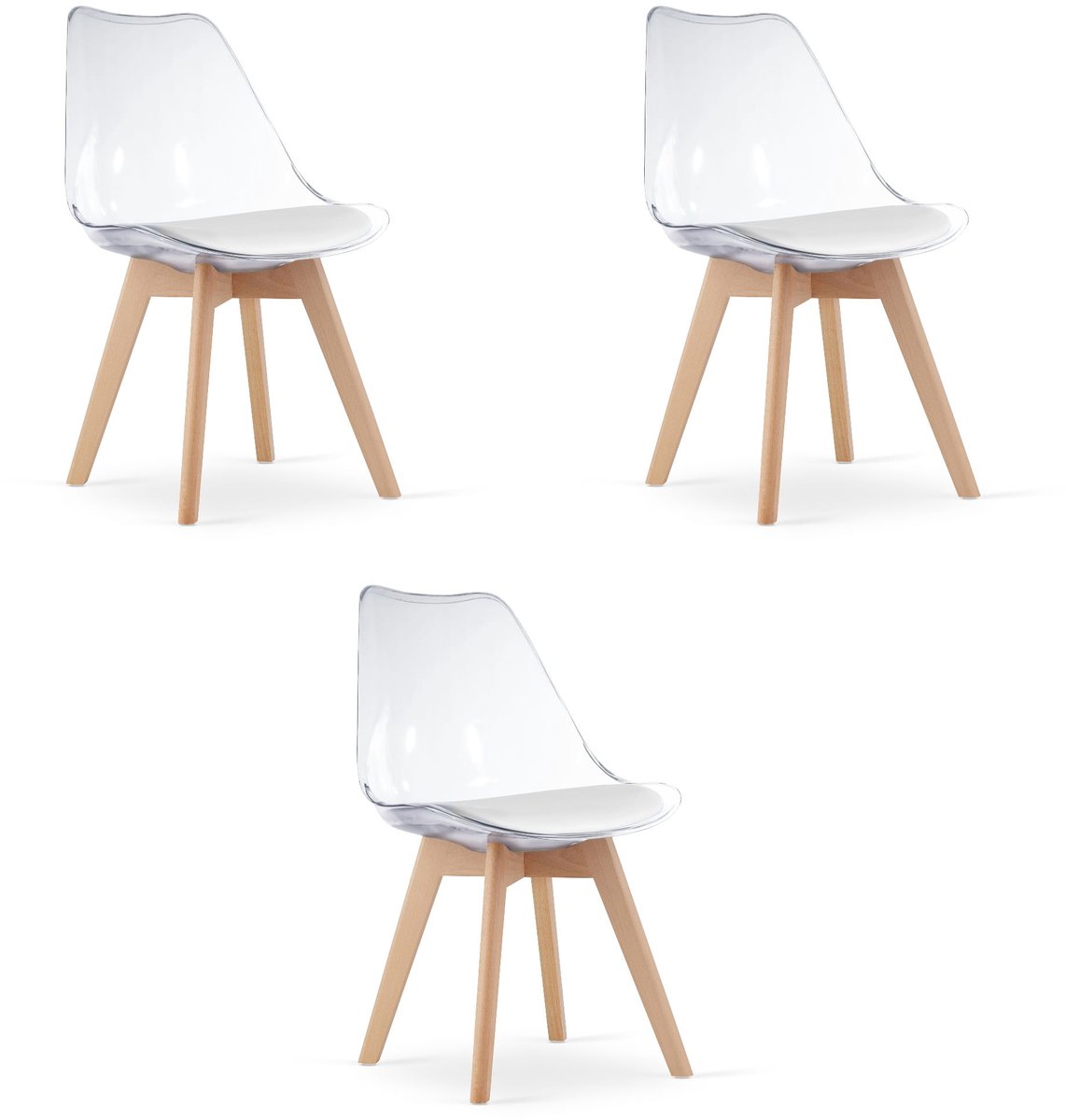 LEOBERT Set van 3 Stoelen MARK – Transparant, Beukenhouten Poten, Kunststof Zitting met Kunstlederen Kussen, Strak Design, Ergonomisch, Geschikt voor Keuken, Eetkamer, Kantine en Werkruimte, Max. 120 kg