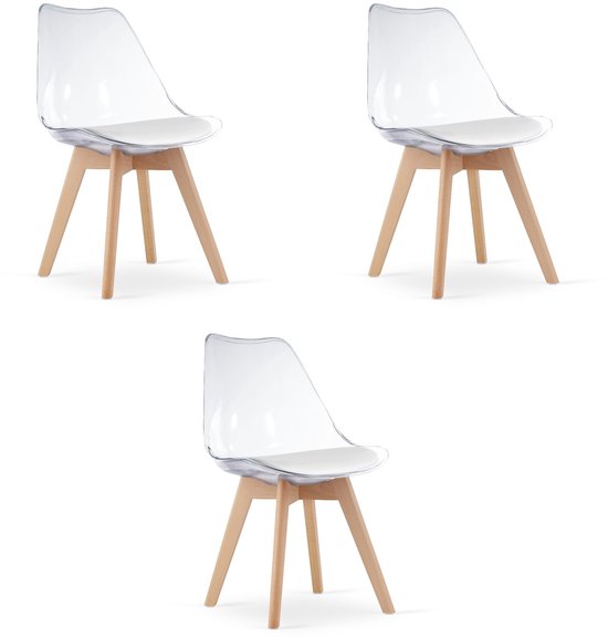Set van 3 Stoelen MARK – Transparant, Beukenhouten Poten, Kunststof Zitting met Kunstlederen Kussen, Strak Design, Ergonomisch, Geschikt voor Keuken, Eetkamer, Kantine en Werkruimte, Max. 120 kg