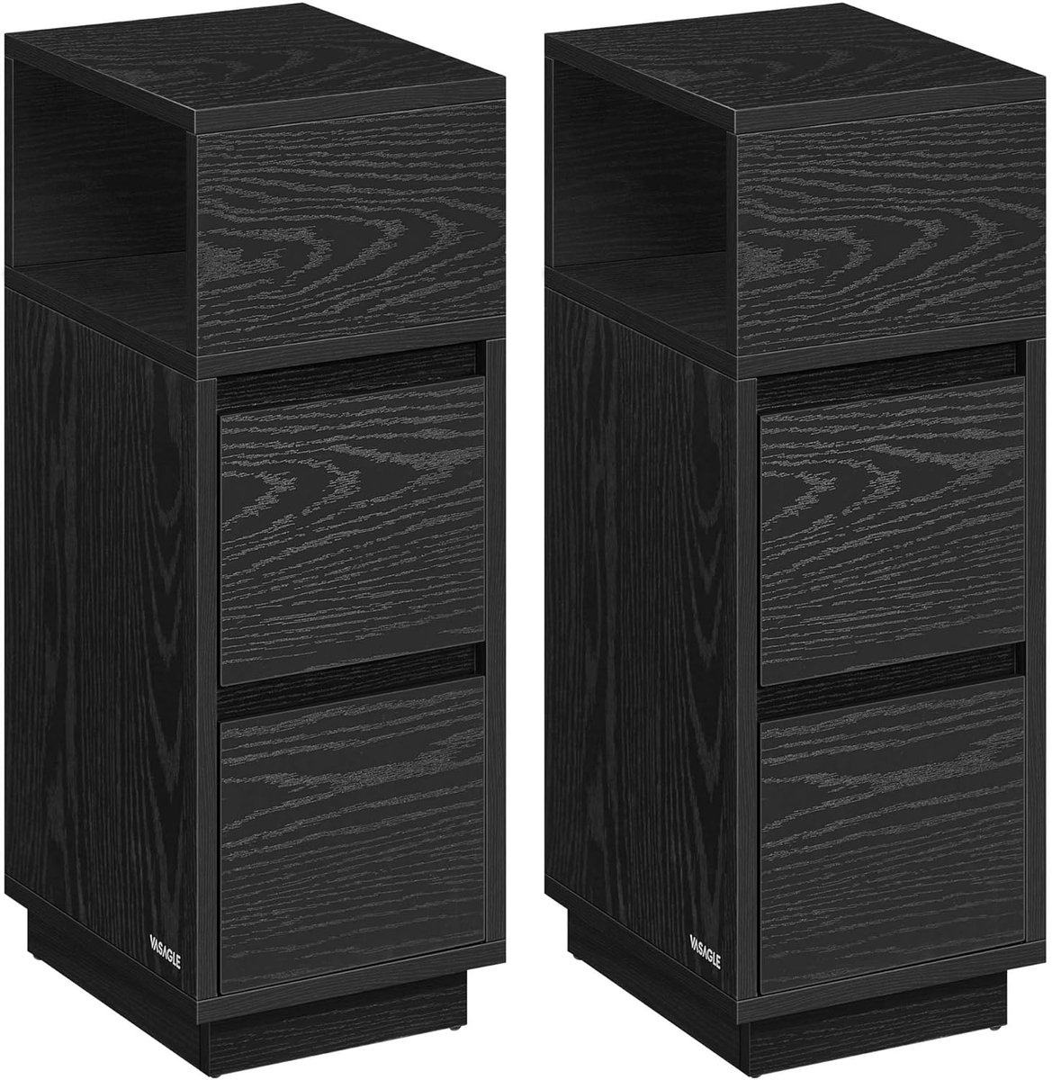 FurnStar Nachtkastje - Set van 2 - Smal - Bijzettafel met 2 laden - Open vak links of rechts monteerbaar - Voor slaapkamer en woonkamer - Ebbenzwart Zwart Double