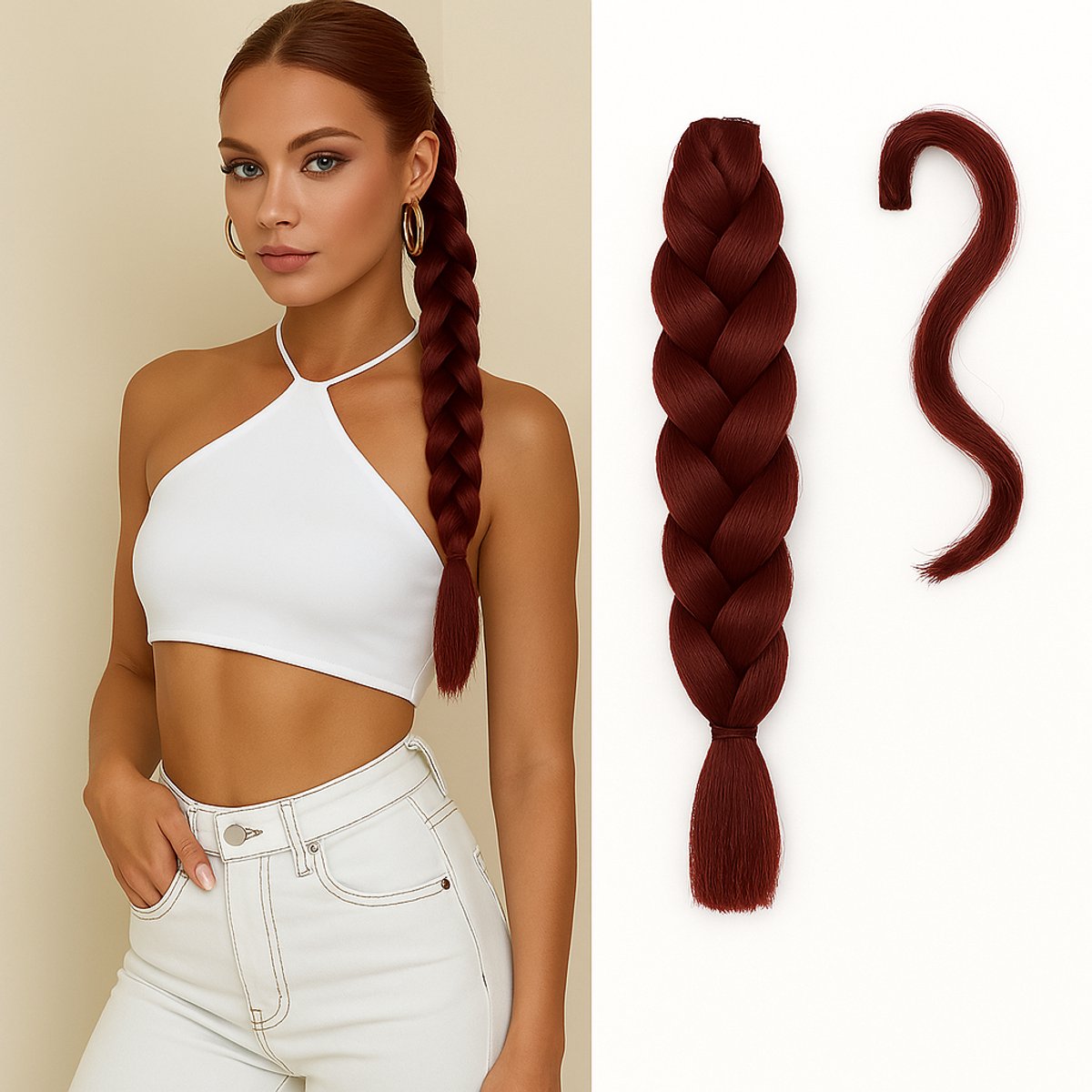 Ponytail haar extensions (16 inch)- Paardenstaart Dollsbeauty- Vlecht haar verlenging - Braided Ponytail - Wrap around Paardenstaart - Wijn Rood