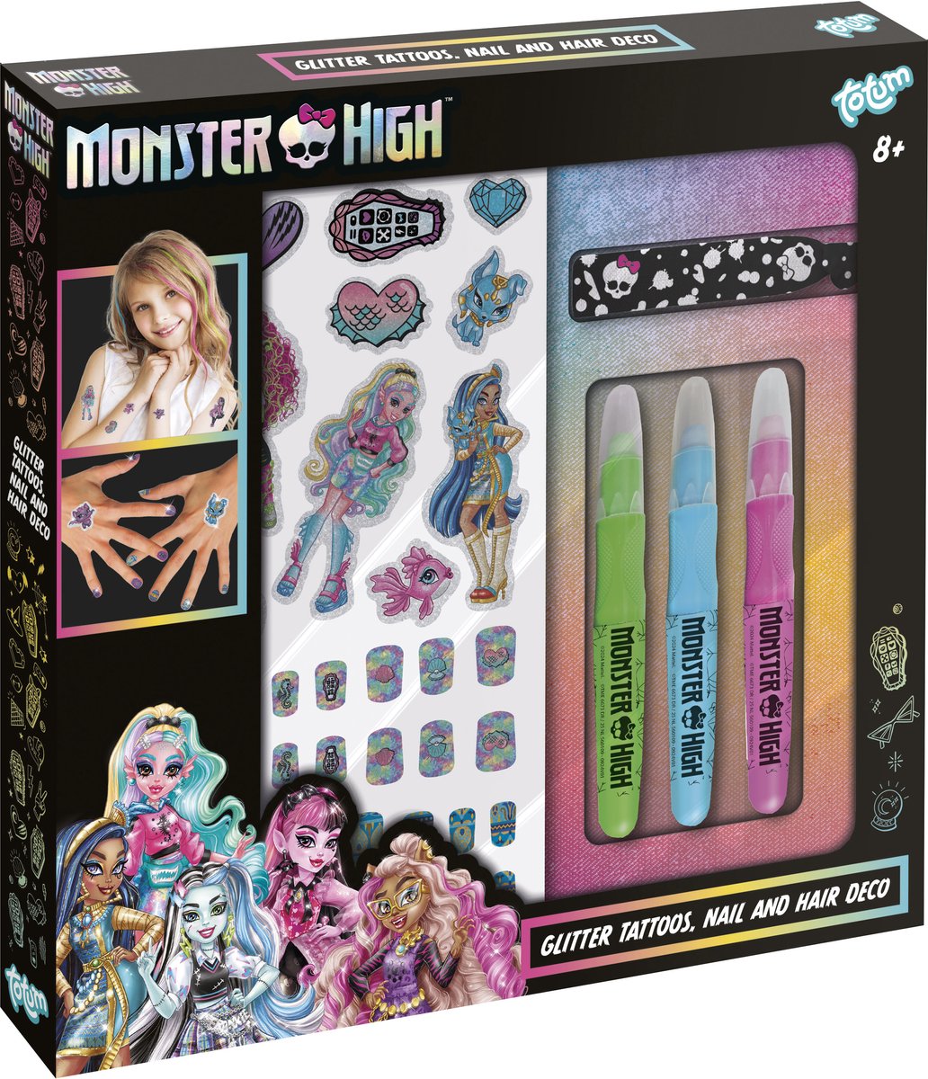 Monster High Totum nageldeco haar en glitter tattoo set kids beauty fashion set - speelgoed meisjes verkleden en rollenspel knutselset