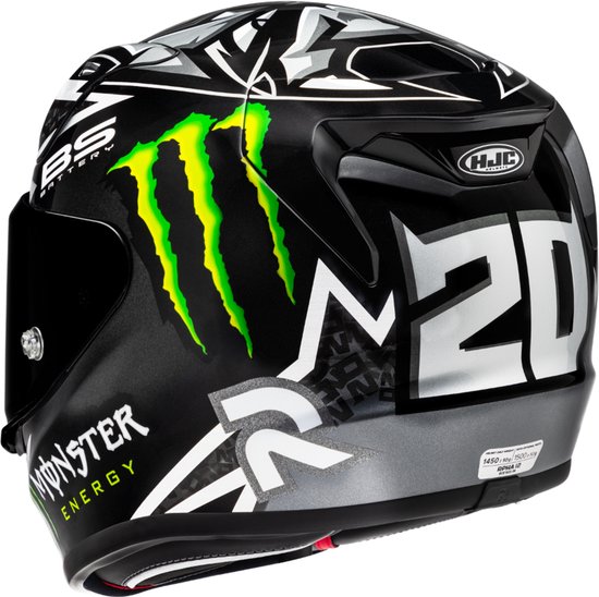 Zij-aanzicht van zwarte HJC integraalhelm met groene Monster Energy logo's, 'BS BATTERY', en nummer '20' op de achterkant.
