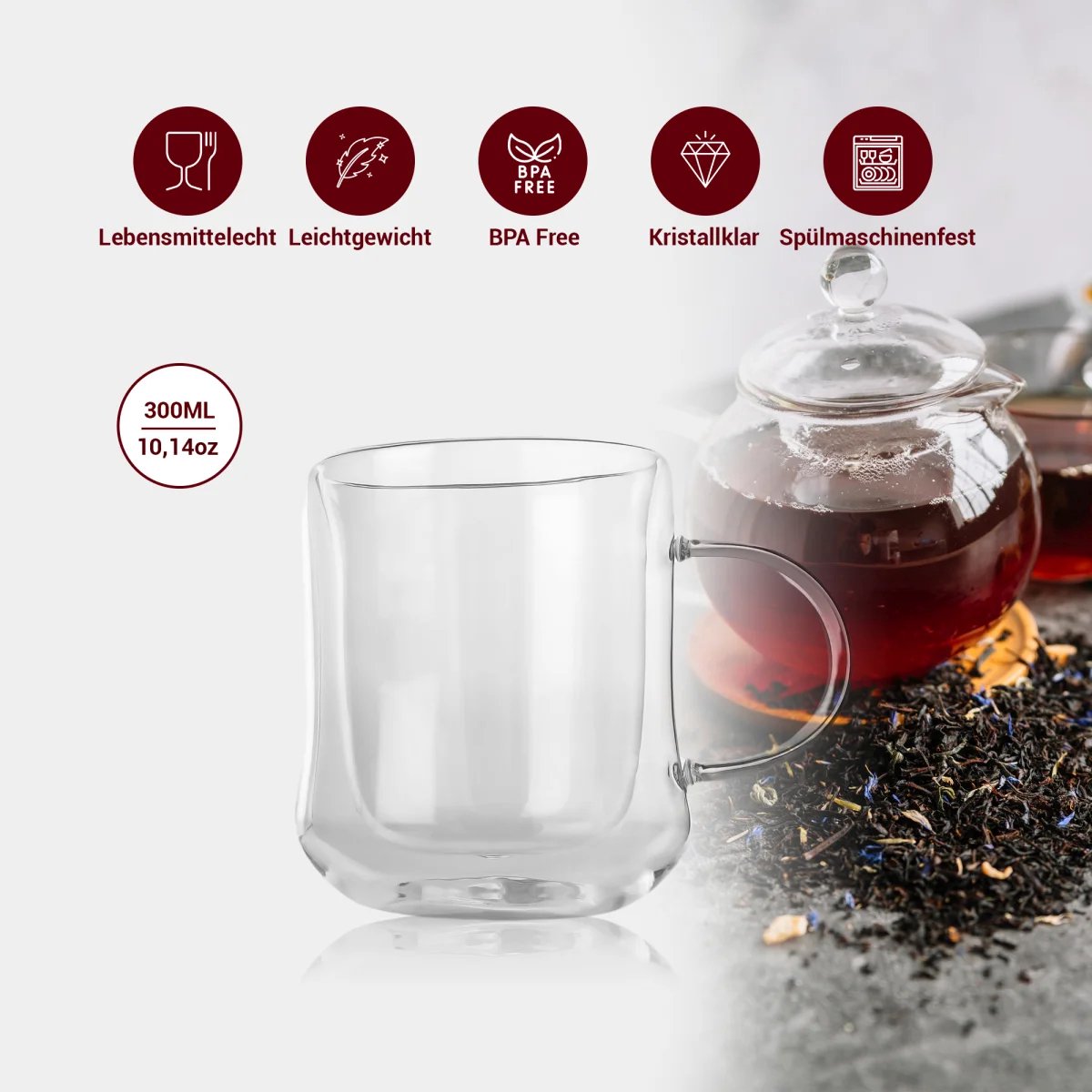 Tobeyz Esmerina -Theeglazen - 300 ml - 6 stuks - Dubbelwandige glazen - Koffieglazen - Theeglas - Cappuccino glazen - Latte macchiato glazen - Theeglazen met oor - Koffieglazen met oor