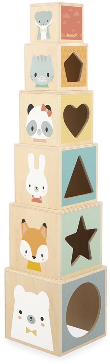 Houten stapeltoren met 6 kubussen - Cijfer- en dierenmotieven van Janod in Pure – productfoto