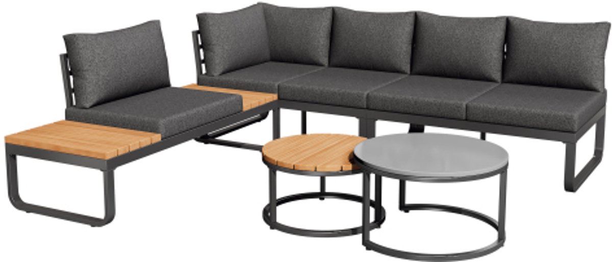Grijze tuinmeubelset met stapelbare salontafels en comfortabele zitkussens