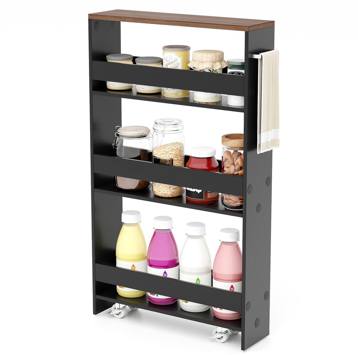 COSTWAY Nichewagen 13 cm breed, 4 etages keukentrolley smal, nisrek op wielen, serveerwagen met handvat & leuningen, badkamerrek hout, voor keuken, badkamer, 47,5 x 13 x 80,5 cm (zwart + natuur)