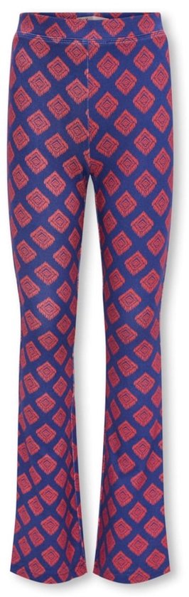 Blauwe broek met rood ruitpatroon, wijde pijpen.