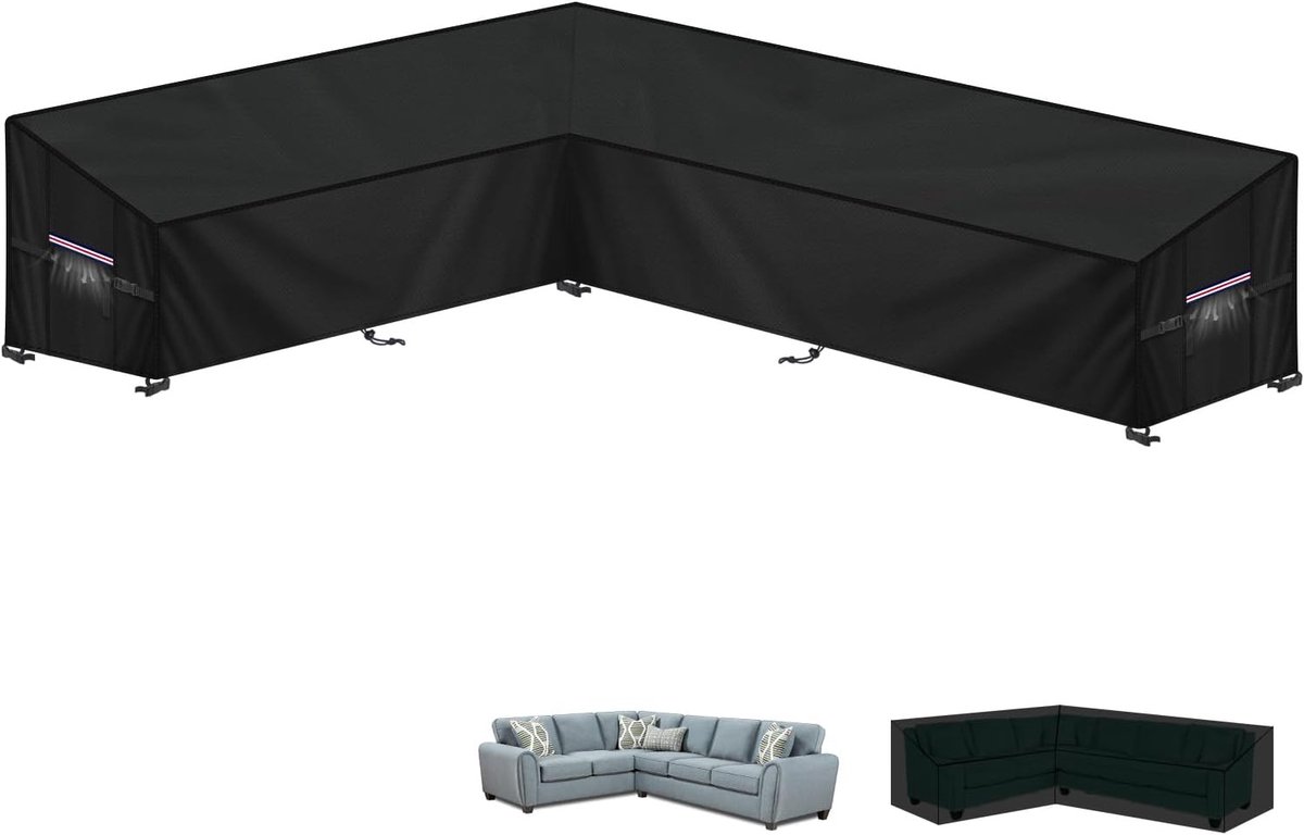 Famanu Tuinmeubelhoes L-Vorm Afdekhoes voor Tuinmeubelen Waterdichte Rotan Hoekbankhoes Buiten Tuinbankhoes Lounge Afdekking Beschermhoes voor Hoekbank met Ventilatieopeningen, 210x300x102x80/60cm zwart