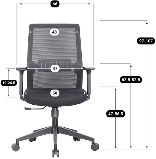Voor- en zijaanzicht van een zwarte bureaustoel met afmetingen van de rugleuning en zitting.