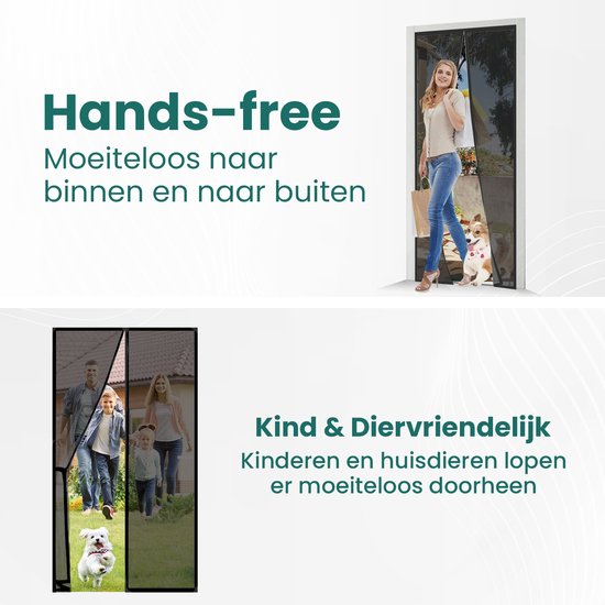 Een vrouw met boodschappentassen en een hond lopen door een handsfree deurhor.