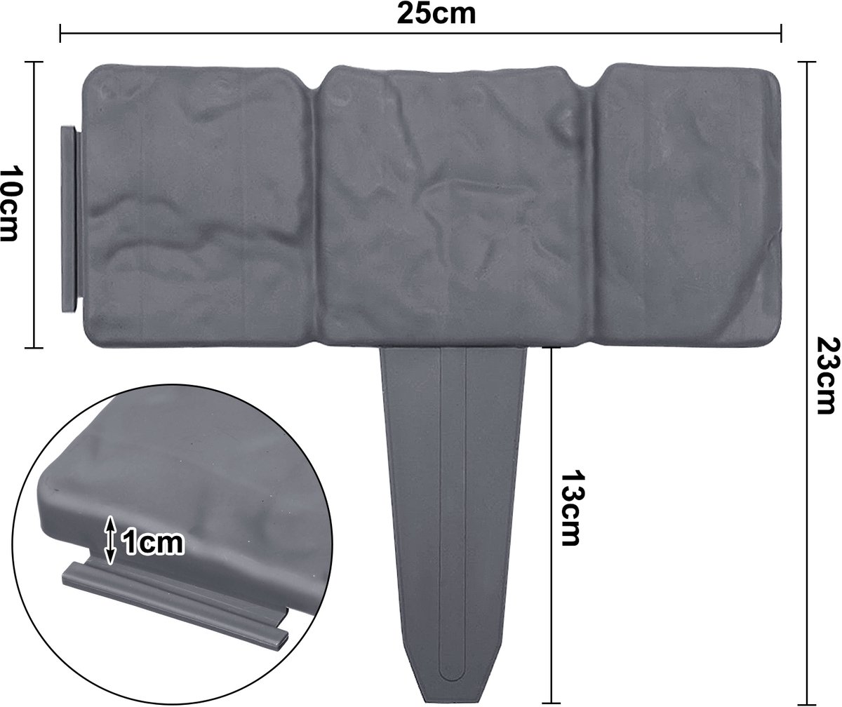 NAIZY Kunststof Gazonrand Steenlook 2,5 m bedrand maairand kunststof bedrand voor tuinpalissade 25 cm x 23 cm (B x H) - 10 stuks/2,5 m Antraciet