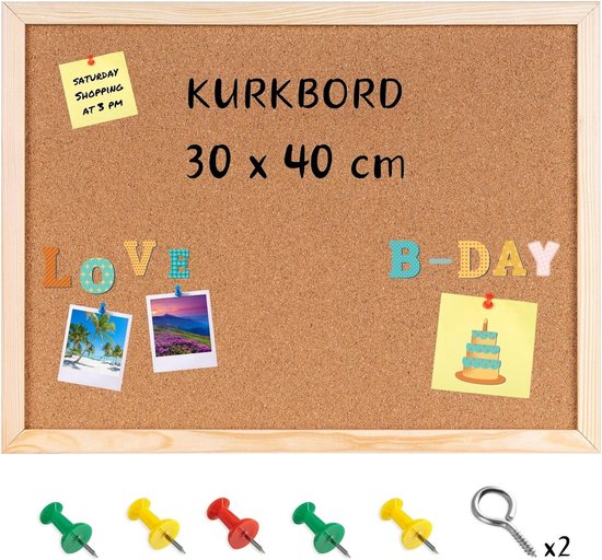 Kurkbord voor aan de muur, prikbord van kurk met lijst, minimalistisch prikbord voor thuis of op kantoor, fotodisplay, memobord - België