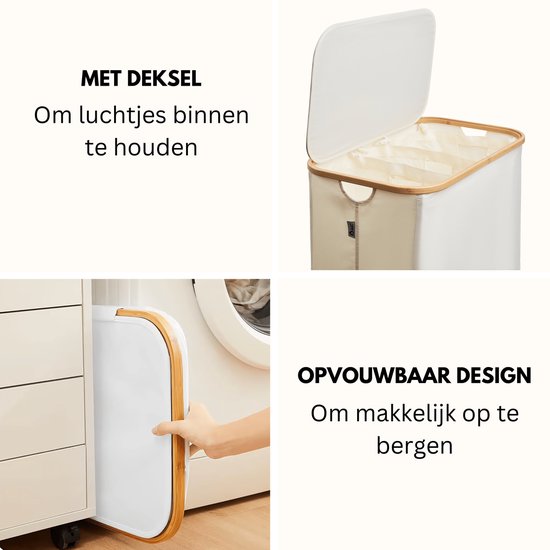 Alles & Co. XXL Wasmand 141 Liter - 3 Vakken Wassorteerder - Met Uitneembare Waszakken - Bamboe & Beige