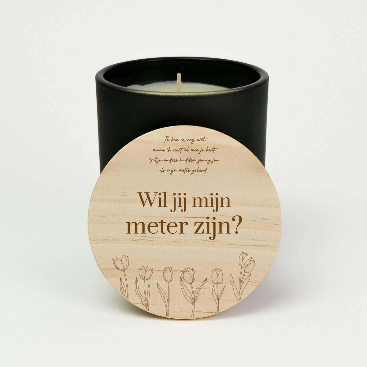Geurkaars in glas - Meter vragen - Wil jij mijn meter zijn - Geurkaarsen geschenkset - Geurkaars - ZWART - Tulpen gravure design
