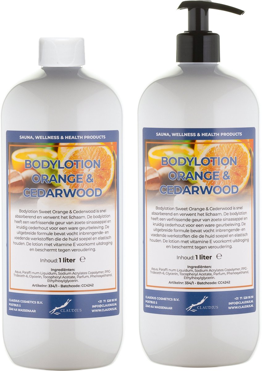 Bodylotion Sweet Orange & Cedarwood 1 Liter - met gratis pomp - set van 2 stuks