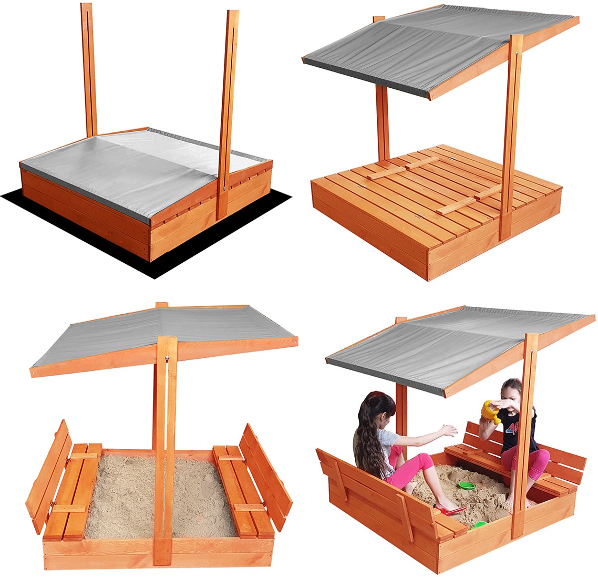 Afsluitbare XL Zandbak met Dak 140x140 cm – Gecertificeerd & Geïmpregneerd Hout | Incl. AFDEKZEIL, GRONDDOEK & Montagevideo | Voor 2-3 Kinderen | Grijs — afbeelding 3