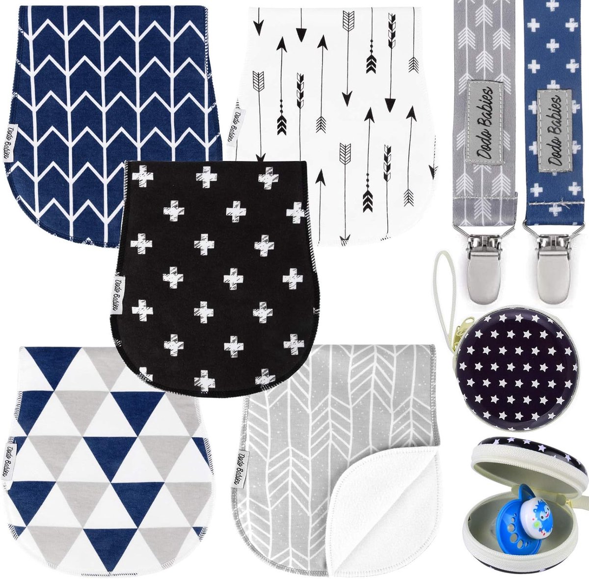 Image of 5-pack baby spuugdoeken - zachte, absorberende katoenen spuugdoeken met fopspeenkoffer en clips - zwart, blauw en grijs