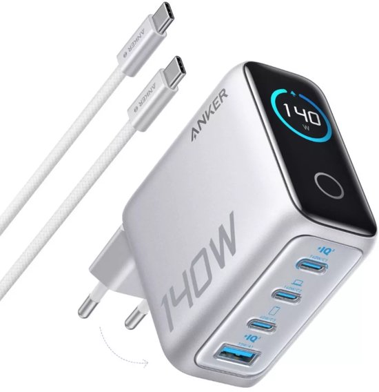 Anker 140 W USB-C oplader, 4 poorten opvouwbare oplader, voor MacBook, iPad, iPhone 16/15/14/13/12, Galaxy S24/S23 en meer