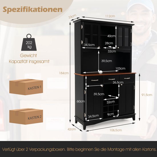 Keukenkast met wijnrek en glazenhouder, industriële buffetkast met lade