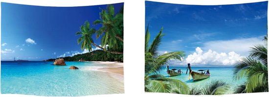 Ulticool – Wandkleed - Strand Zee Palmboom Zomer - Set van 2 designs  –  73 cm x 95 cm – Schilderij Wandtapijt Stof – Poster Art – Blauw