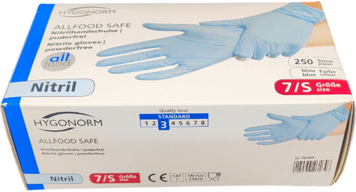 Hygonorm Nitril Handschoenen Maat S – Blauw – 250 Stuks – Poedervrij – Allfood Safe – Wegwerphandschoenen voor Voedselverwerking en Hygiëne