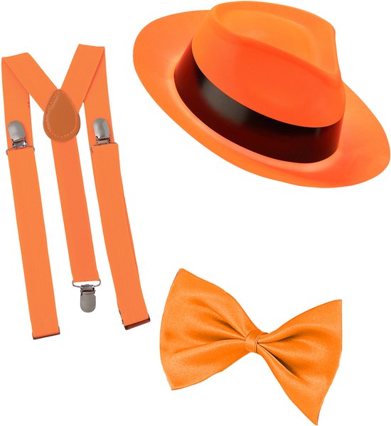 Vegaoo - Neon oranje vlinderdas en bretels accessoireset voor volwassenen