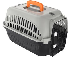 Aufun Kunststof Hondentransportbox Met Metalen Gaas, Praktisch Sluitsysteem En Draaggreep, Transportbox Voor Kleine Honden En Katten, 48 X 32 X 32 Cm, Grijs En Zwart