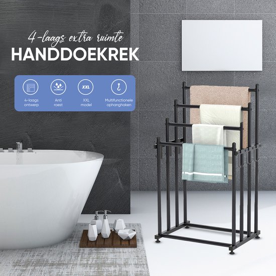 Durté XL Staand Handdoekrek 110x55x40 Cm Zwart - Met Extra Haken, Zonder Boren, Voor Badhanddoeken En Strandlakens