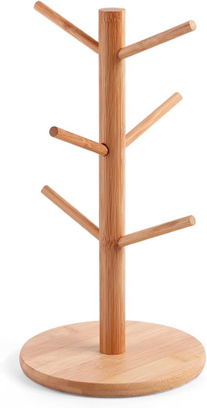 Bamboe mokhouder met 6 haken, koffie- en theekophouder, mokhouder, koffiebar-opbergrek - Geschikt voor het opbergen van servies op het aanrecht (natuurlijke kleur)