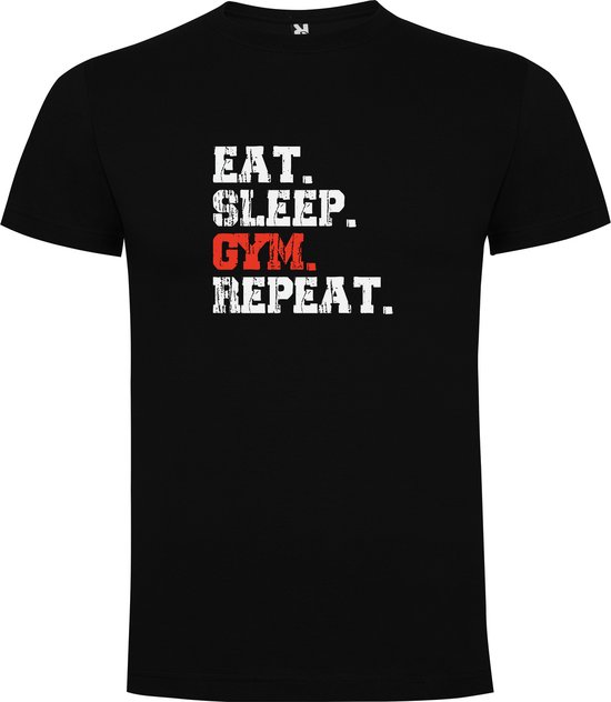 Zwart T-Shirt met Kleurrijke print “ Eat Sleep GYM Repeat – Eet Slaap Sport Herhaal – Sport – Humor – Zet Door – Niet opgeven “ Print Full Color Maat 4XL