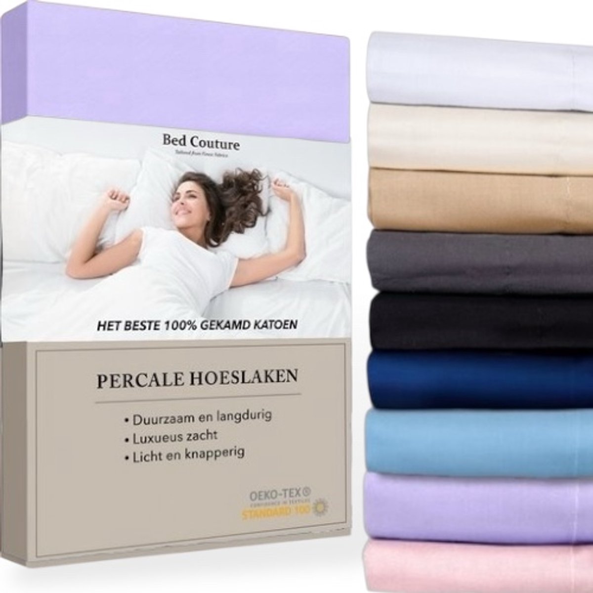 Bed Couture - Percale Hoeslaken van 100% hoogwaardig imperial weave Katoen - Lits-Jumeaux 180x200cm - Hoekhoogte 30cm - Ultra zacht en soepel - Lavendel